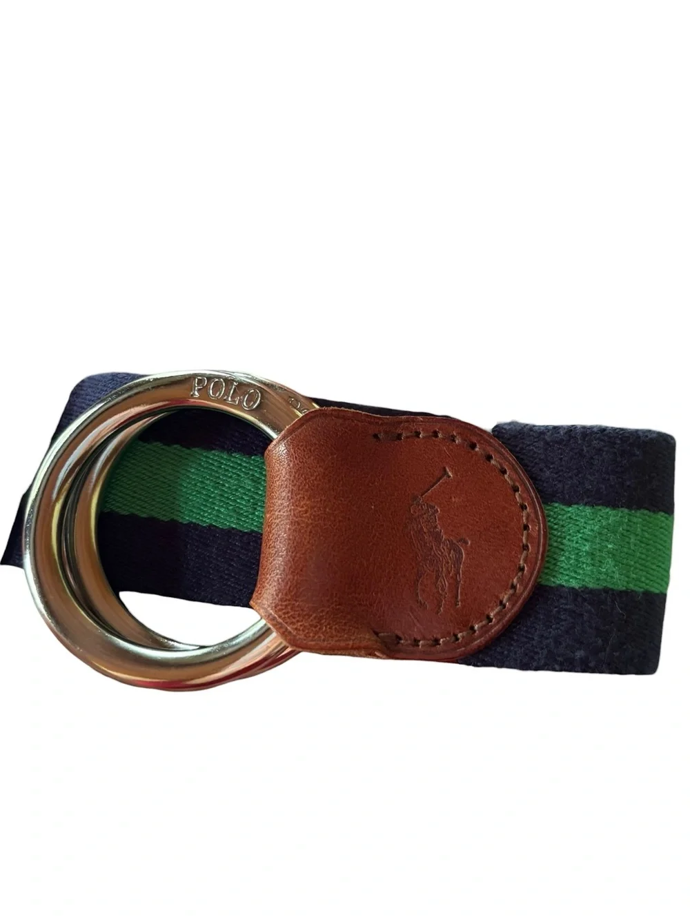 Polo by Ralph Lauren Navy and Green Striped Canvas Belt Brown Leather Preppy